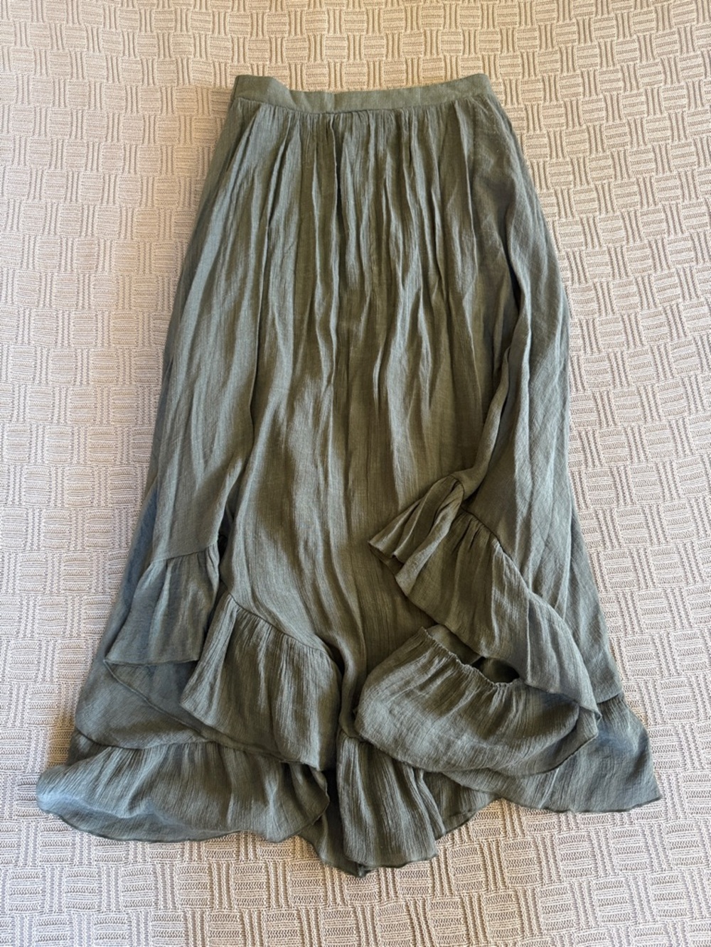 Mia Joy Asymmetric Ruffle Hem Maxi Skirt in Olive Green